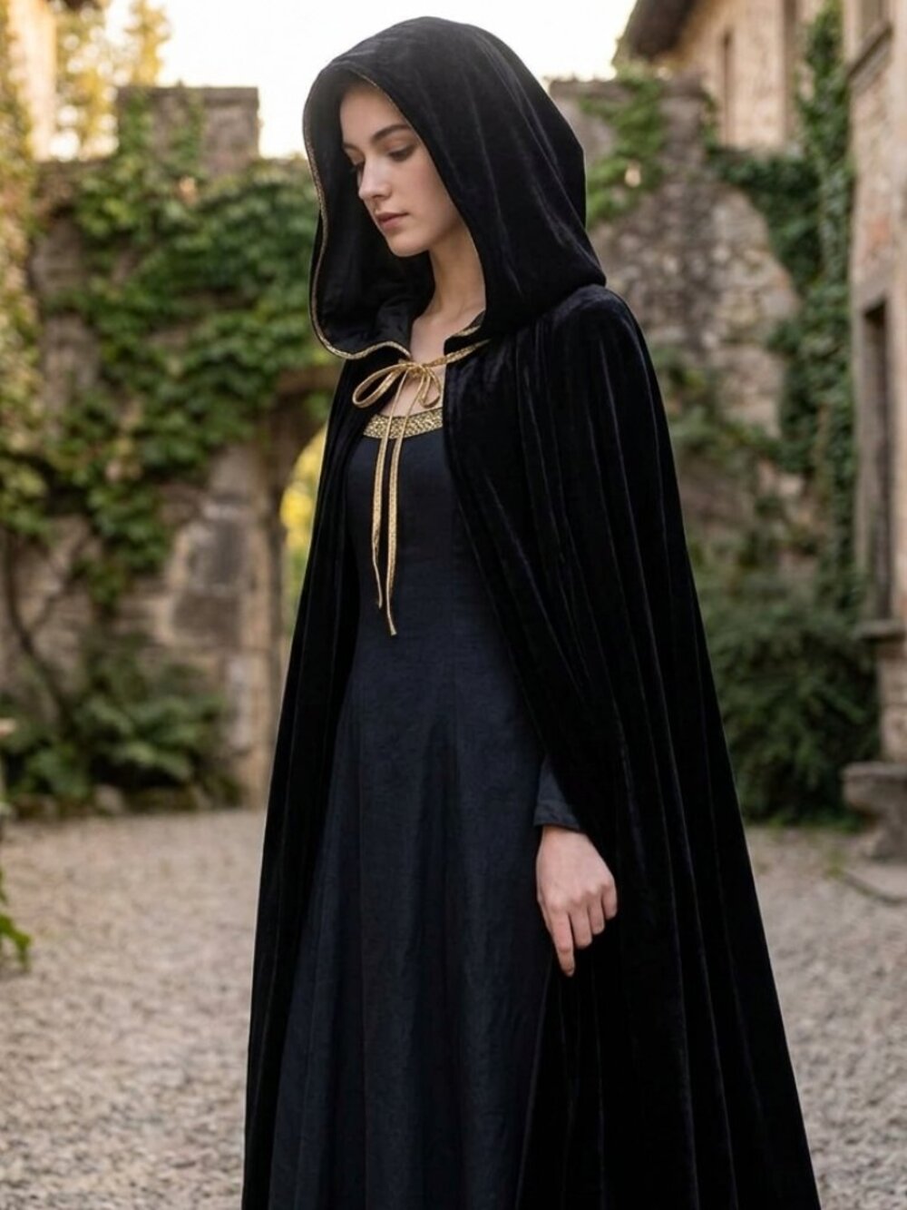 Long Black Velvet Hooded Cloak Cape with Gold Cord Tie & Arm Slits One Size